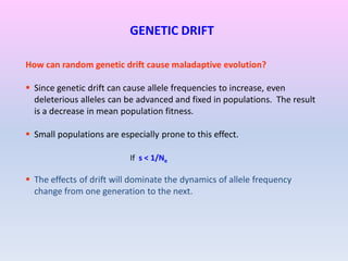 GENETIC DRIFT
How can random genetic drift cause maladaptive evolution?
 Since genetic drift can cause allele frequencies to increase, even
deleterious alleles can be advanced and fixed in populations. The result
is a decrease in mean population fitness.
 Small populations are especially prone to this effect.
If s < 1/Ne
 The effects of drift will dominate the dynamics of allele frequency
change from one generation to the next.
 