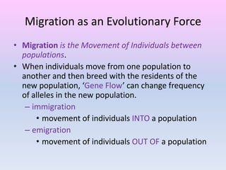 Migration as an Evolutionary Force
• Migration is the Movement of Individuals between
populations.
• When individuals move from one population to
another and then breed with the residents of the
new population, ‘Gene Flow’ can change frequency
of alleles in the new population.
– immigration
• movement of individuals INTO a population
– emigration
• movement of individuals OUT OF a population
 