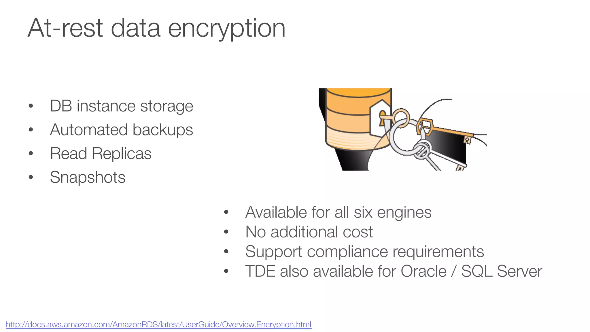 At-rest data encryption
•  DB instance storage
•  Automated backups
•  Read Replicas
•  Snapshots
•  Available for all six engines
•  No additional cost
•  Support compliance requirements
•  TDE also available for Oracle / SQL Server

http://docs.aws.amazon.com/AmazonRDS/latest/UserGuide/Overview.Encryption.html 
 