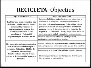 RECICLETA: Objectius
OBJECTIUS GENERALS OBJECTIUS ESPECÍFICS
Realitzar una tasca preventiva fora
de l’horari escolar, donant suport,
estimulant i potenciant el
desenvolupament integral dels
infants i adolescents, la seva
socialització i l’adquisició
d’aprenentatges mecànics bàsics.
Promoure habilitats socials bàsiques que afavoreixin la
convivència, la integració i el desenvolupament social.
Potenciar el desenvolupament de l’educació en valors
per ajudar als infants en el seu procés de creixement
personal i presa de decisions: exercir la capacitat de
superació i la cultura de l’esforç, respectar els altres i el
medi, fomentar el treball en equip i el companyerisme.
Oferir als adolescents referents adults positius i
estables fora del seu ambient familiar.
Oferir una alternativa socioeducativa
en el marc del Centre Obert per a
potenciar l’adquisició d’hàbits de
treball i d’aprenentatge
d’adolescents en situació de risc,
evitant la desvinculació d’un recurs
formatiu.
Ampliar i reforçar els coneixements tècnics i instrumentals
necessaris per dur a terme la mecànica general de la bicicleta.
Desenvolupar activitats d’educació vial dirigides als joves
Minimitzar, revaloritzar i reciclar residus derivats de la
bicicleta sobre el medi ambient.
 