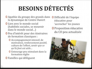 BESOINS DÉTECTÉS
0 Apathie du groupe des grands dans
la dynamique de Centre Ouvert
0 Lien avec le monde social
(habilités sociales, se mouvoir
dans le monde social…)
0 Peu d’intérêt pour des itinéraires
de formation classiques :
0 Accompagnement intensif, de
motivation, renforcement positif,
culture de l’effort, sentir que ce
qu’ils font est utile…
0 Entourage peu stimulant dans la
formation réglée
0 Familles qui délèguent
0 Difficulté de l’équipe
éducative pour
‘accrocher’ les jeunes
0 Proposition éducative
du CO peu actualisée
 