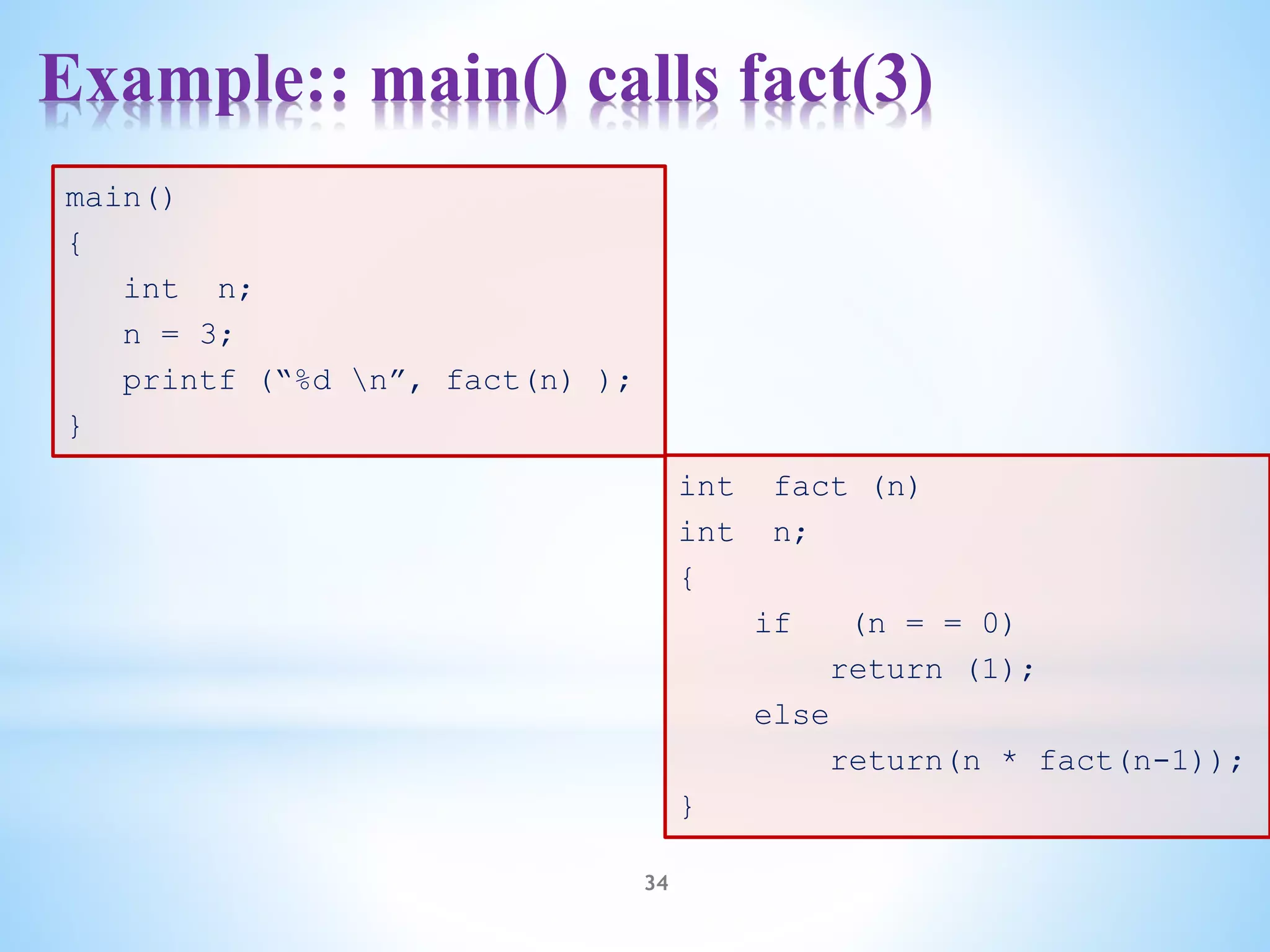 Example:: main() calls fact(3)
34
int fact (n)
int n;
{
if (n = = 0)
return (1);
else
return(n * fact(n-1));
}
main()
{
int n;
n = 3;
printf (“%d n”, fact(n) );
}
 