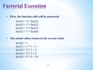Factorial Execution
15
• First, the function calls will be processed
fact(4) = 4 * fact(3)
fact(3) = 3 * fact(2)
fact(2) = 2 * fact(1)
fact(1) = 1 * fact(0)
• The actual values return in the reverse order
fact(0) = 1
fact(1) = 1 * 1 = 1
fact(2) = 2 * 1 = 2
fact(3) = 3 * 2 = 6
fact(4) = 4 * 6 = 24
 