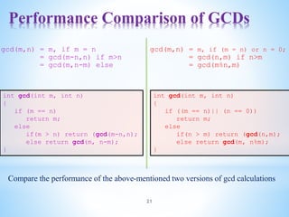 Performance Comparison of GCDs
21
int gcd(int m, int n)
{
if (m == n)
return m;
else
if(m > n) return (gcd(m-n,n);
else return gcd(m, n-m);
}
gcd(m,n) = m, if m = n
= gcd(m-n,n) if m>n
= gcd(m,n-m) else
gcd(m,n) = m, if (m = n) or n = 0;
= gcd(n,m) if n>m
= gcd(m%n,m)
int gcd(int m, int n)
{
if ((m == n)|| (n == 0))
return m;
else
if(n > m) return (gcd(n,m);
else return gcd(m, n%m);
}
Compare the performance of the above-mentioned two versions of gcd calculations
 
