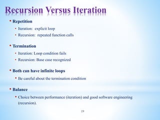 Recursion Versus Iteration
29
• Repetition
• Iteration: explicit loop
• Recursion: repeated function calls
• Termination
• Iteration: Loop condition fails
• Recursion: Base case recognized
• Both can have infinite loops
• Be careful about the termination condition
• Balance
• Choice between performance (iteration) and good software engineering
(recursion).
 