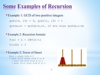 Some Examples of Recursion
6
•Example 1: GCD of two positive integers
gcd(10, 15) = 5, gcd(11, 13) = 1
gcd(m,n) = gcd(m-n,n), if m>n else gcd(m,n-m)
• Example 2: Recursion formula
T(n) = n + 2×T(n-1)
T(100) = ?
• Example 2: Tower of Hanoi
Move n disks from A C
= move (n-1) disks from A to B
+ move the disk from A to C
+ move (n-1) disk from B to C
 