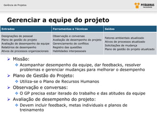 Gerência de Projetos




    Gerenciar a equipe do projeto
Entradas                              Ferramentas e Técnicas               Saídas

Designações de pessoal                Observação e conversas
                                                                           Fatores ambientais atualizado
Plano de gestão do projeto            Avaliação de desempenho do projeto
                                                                           Ativos de processos atualizado
Avaliação de desempenho da equipe     Gerenciamento de conflitos
                                                                           Solicitações de mudança
Relatórios de desempenho              Registro das questões
                                                                           Plano de gestão do projeto atualizado
Ativos de processos organizacionais   Habilidades interpessoais


     Missão:
            Acompanhar desempenho da equipe, dar feedbacks, resolver
             problemas e gerenciar mudanças para melhorar o desempenho
     Plano de Gestão do Projeto:
            Utiliza-se o Plano de Recursos Humanos
     Observação e conversas:
            O GP precisa estar iterado do trabalho e das atitudes da equipe
     Avaliação de desempenho do projeto:
            Devem incluir feedback, metas individuais e planos de
             treinamento
 