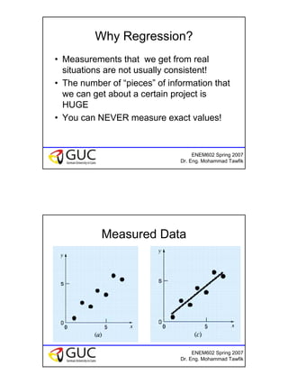 5
ENEM602 Spring 2007
Dr. Eng. Mohammad Tawfik
Why Regression?
• Measurements that we get from real
situations are not usually consistent!
• The number of “pieces” of information that
we can get about a certain project is
HUGE
• You can NEVER measure exact values!
ENEM602 Spring 2007
Dr. Eng. Mohammad Tawfik
Measured Data
 
