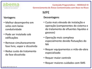 Conteúdo Programático – MODULO III
Gerenciamento de Áreas Contaminadas com Base no Risco
® copyright 2009. PIA (São Paulo, SP)
MPE
Vantagens
• Melhor desempenho em
solos com baixa
condutividade
• Pode ser instalado sob
edificações
• Remove simultaneamente
fase livre, vapor e dissolvida
• Reduz custo do tratamento
da fase dissolvida
Desvantagens
• Custo mais elevado de instalação e
operação (componentes do sistema e
do tratamento de efluentes líquidos e
gasosos)
• Operação mais complexa
especialmente devido flutuações do
NA
• Requer equipamentos e mão-de-obra
especializada
• Requer maior controle
• Requer maiores cuidados com SMS
 