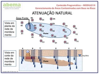 Conteúdo Programático – MODULO III
Gerenciamento de Áreas Contaminadas com Base no Risco
® copyright 2009. PIA (São Paulo, SP)
ATENUAÇÃO NATURAL
B3
B2
B1
C1
C2
C3
C4
C5
A1
D1
D2
D3
D5
D4
A2
B
E4
E3
E2
E1
F3
F2
F1
Área Fonte
A C D E F
Aquífero
Pluma
Pluma
Vista em
planta da
rede de
monitora
mento
Vista em
corte da
rede de
monitora
mento
 
