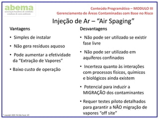 Conteúdo Programático – MODULO III
Gerenciamento de Áreas Contaminadas com Base no Risco
® copyright 2009. PIA (São Paulo, SP)
Vantagens
• Simples de instalar
• Não gera resíduos aquoso
• Pode aumentar a efetividade
da “Extração de Vapores”
• Baixo custo de operação
Desvantagens
• Não pode ser utilizado se existir
fase livre
• Não pode ser utilizado em
aquíferos confinados
• Incerteza quanto às interações
com processos físicos, químicos
e biológicos ainda existem
• Potencial para induzir a
MIGRAÇÃO dos contaminantes
• Requer testes piloto detalhados
para garantir a NÃO migração de
vapores “off site”
Injeção de Ar – “Air Spaging”
 