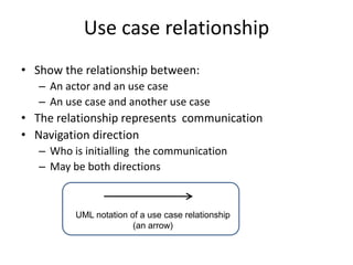 Use case relationship
• Show the relationship between:
– An actor and an use case
– An use case and another use case
• The relationship represents communication
• Navigation direction
– Who is initialling the communication
– May be both directions
UML notation of a use case relationship
(an arrow)
 