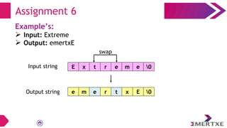 Assignment 6
Example’s:
 Input: Extreme
 Output: emertxE
E x t r e m e 0
e m e r t x E 0
swap
Input string
Output string
 