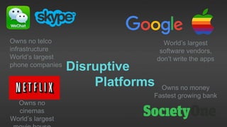 Disruptive
Platforms
Owns no
cinemas
World’s largest
Owns no telco
infrastructure
World’s largest
phone companies
World’s largest
software vendors,
don’t write the apps
Owns no money
Fastest growing bank
 