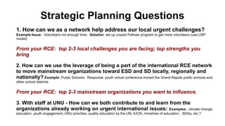 Strategic Planning Questions
1. How can we as a network help address our local urgent challenges?
Example Issue: Volunteers not enough time. Solution: set up unpaid Fellows program to get more volunteers (use USP
model)
From your RCE: top 2-3 local challenges you are facing; top strengths you
bring
2. How can we use the leverage of being a part of the international RCE network
to move mainstream organizations toward ESD and SD locally, regionally and
nationally? Example: Public Schools: Response: youth virtual conference moved the Grand Rapids public schools and
other school districts
From your RCE: top 2-3 mainstream organizations you want to influence.
3. With staff at UNU - How can we both contribute to and learn from the
organizations already working on urgent international issues: Examples: climate change
education, youth engagement, UNU priorities, quality education by the UN, IUCN, ministries of education, SDGs, etc.?
 