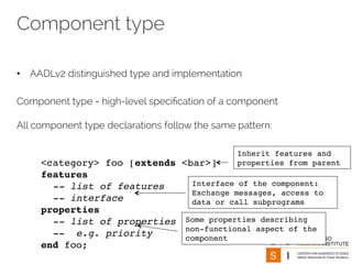 Component type 
• AADLv2 distinguished type and implementation 
Component type = high-level specification of a component 
All component type declarations follow the same pattern: 
24 
<category> foo [extends <bar>] 
features 
-- list of features 
-- interface 
properties 
-- list of properties 
-- e.g. priority 
end foo; 
Inherit features and 
properties from parent 
Interface of the component: 
Exchange messages, access to 
data or call subprograms 
Some properties describing 
non-functional aspect of the 
component 
 