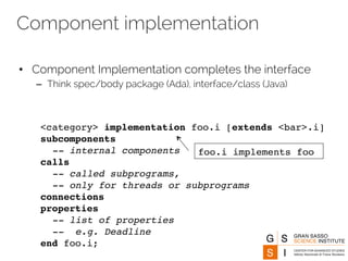 Component implementation 
• Component Implementation completes the interface 
– Think spec/body package (Ada), interface/class (Java) 
<category> implementation foo.i [extends <bar>.i] 
subcomponents 
-- internal components 
foo.i implements foo 
calls 
-- called subprograms, 
-- only for threads or subprograms 
connections 
properties 
-- list of properties 
-- e.g. Deadline 
end foo.i; 
 