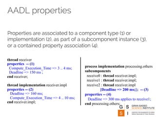 AADL properties 
Properties are associated to a component type (1) or 
implementation (2), as part of a subcomponent instance (3), 
or a contained property association (4). 
process implementation processing.others 
subcomponents 
receive0 : thread receiver.impl; 
receive1 : thread receiver.impl; 
receive2 : thread receiver.impl 
{Deadline => 200 ms;}; -- (3) 
properties -- (4) 
Deadline => 300 ms applies to receive1; 
end processing.others; 
thread receiver 
properties -- (1) 
Compute_Execution_Time => 3 .. 4 ms; 
Deadline => 150 ms ; 
end receiver; 
thread implementation receiver.impl 
properties -- (2) 
Deadline => 160 ms; 
Compute_Execution_Time => 4 .. 10 ms; 
end receiver.impl; 
 