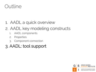 Outline 
1. AADL a quick overview 
2. AADL key modeling constructs 
1. AADL components 
2. Properties 
3. Component connection 
3. AADL: tool support 
 