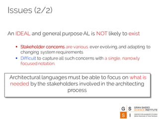 Issues (2/2)
An IDEAL and general purpose AL is NOT likely to exist
§ Stakeholder concerns are various, ever evolving, and adapting to
changing system requirements
§ Difficult to capture all such concerns with a single, narrowly
focused notation.
Architectural languages must be able to focus on what is
needed by the stakeholders involved in the architecting
process
 