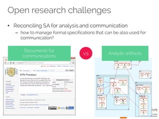 Open research challenges
• Reconciling SA for analysis and communication
– how to manage formal specifications that can be also used for
communication?
Documents for
communications
Analytic artifactsvs
 