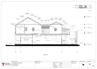 SECTION B
0.03M SUSPENDED GYPSUM CEILING
0.00M
FIRST FLOOR LEVEL
1234
KEY PLAN
KING STREET LEVEL
0.34M+
-
4.80M+
GROUND FLOOR LEVEL
+
PARAPET OF
EXTENDED KITCHEN LEVEL
+ 5.12M
ROOF OF
EXTENDED KITCHEN LEVEL
+ 7.13M
12.71
THE HIGHEST LEVEL
RIDGE LEVEL11.93M+
12.21M+
FINISHED CEILING LEVEL+ 8.84M
GREEN SQUARE
(FFL +0.20M)
•
•
KING STREET
( 0.00M)+-
• CLEAT TO TIE PULLEY ROPE
FROM TOP
1
2
3
4
5
6
7
8
9
10
11
12
13
14
15
16
17
18
19
20
21
22
23
UP
OBSTRUCTED
(NOTMEASURED)
RWP
DRAIN
WC1
UP
•
•
PROJECT TITLE
06
16
DRAWING TITLE
07.03.16
DRAWN BY
SCALE
SHEET NO.
DATE
CHECKED BY
1827/S/06
KY;YH;TY
DRAWING NO.
KY;YH;TY
28.01.16
MEASURED BY
STARTING DATE
SECTION B
1:50
MEASURED DRAWINGS
NJ
NORTH POINT
N
NO.44, KING STREET,
10200 GEORGE TOWN,
PENANG, MALAYSIA.
B
B
W7 W8 W21
KITCHEN 1
CEMENT-SAND
SCREED WITH
CONCRETE TOPPING
(FFL +0.39M)
T&G
(0.03M x 3.50M x 0.20M) (FFL +4.80M)
ROOM 1
D5
D12
D8
6.675.15
ROOF VOID
ROOF VOID
STOVE
KITCHEN
CABINET
•
•
• •
FIVE FOOT WAY
(KAKI LIMA)
CEMENT-SAND SCREED
WITH CONCRETE
TOPPING (FFL +0.21M)
HALL 1 (RUANG TAMU)
CARPETED
(FLOOR CONDITION UNKNOWN) (FFL +0.34M)
NICHE 1
(0.46M X 0.15MX 0.46M)
CORRIDOR (KORIDOR)
(7.47M X 2.02M)
AIRWELL (CHIM CHAE)
HALL 2, TIAH GELAP
TERRACOTTA TILES WITH LIME MORTAR JOINT (0.40M X 0.40M) (FFL +0.44M)
NICHE 2
(1.26M X 0.15M X 0.66M)
W2 D3
NOTE: ALL DIMENSIONS ARE IN METERS (M)
D1
CORRIDOR (KORIDOR)
KITCHEN 2
CEMENT-SAND SCREED WITH
CONCRETE TOPPING (FFL +4.69)
D6
W6
ANNEX
VOID (INACCESSIBLE)
WROUGHT IRON I-BEAM
(0.14M X 0.09)
(FFL +0.41M)
TFJ 3
(0.13M X 0.13M)
TFJ 2 (0.12M X 0.2M)
TIMBER FLOOR
JOIST 1 (TFJ1)
(0.14M X 0.14M)
TONGUE AND GROOVE
TIMBER FLOOR BOARDS (T&G) (0.03M x 3.50M x 0.20M)
VOID (INACCESSIBLE)
LIME PLASTER CORNICE
SUSPENDED FALSE CEILING, ASBESTOS
BOARD WITH TIMBER BEADING
(0.03M X 1.21M X 1.21M)
CORRUGATED ZINC SHEET
(2.50M X 0.90M)
S/S HRG (0.20DIA.)
RETRACTABLE
ROOF
(REF. SHEET 12)
RIDGE BEAM
(0.20M X 0.20M)
EMBEDDED INTO PARTY
WALLS
ANGLED TERRACOTTA
RIDGE TILES SEALED WITH
CEMENT GROUTING
RIDGE BEAM
(0.15M X 0.15M)
EMBEDDED INTO PARTY
WALLS
CONCRETE PURLINS
(0.18M X 0.18M) AT
0.41M C/C
EMBEDDED INTO
PARTY WALLSTIMBER BATTENS
(0.16M X 0.08M) AT
0.60M C/C
TIMBER PURLINS
(0.30M x 0.30M) AT
0.30M C/C
EMBEDDED INTO
PARTY WALLS
TIMBER BATTENS
(0.05M X 0.05M) AT 0.55M C/C
TIMBER RAFTERS
(0.15M X 0.05M)
AT 0.45M C/C
TIMBER PURLINS
(0.2M x 0.2M) AT
0.30M C/C
EMBEDDED INTO
PARTY WALLS
MERANTI TIMBER
STRIP CEILING
(0.03M THK)
WOODEN RAFTER
(0.15M X 0.10M) AT
0.45M C/C
TIMBER BATTENS
(0.10M X 0.10M) AT
0.50M C/C
TIMBER CEILING JOISTS
(0.23M X 0.23M) AT 0.75M
C/C EMBEDDED INTO
PARTY WALLS
•
•
•
•
•
•
•
•
•
•
•
•
•
•
•
•
•
•
•
•
•
• • •
•
•
•
•
•
S/S HRG (0.20DIA.)
•
•
S/S HALF ROUND GUTTER
(0.20DIA.) FIXED WITH S/S
BRACKET (HRG)
2.25
TIMBER LATTICE SCREEN
FOR VENTILATION
•
TIMBER FLOOR JOISTS
(0.09M X 0.14M) AT 0.42M C/C
• • • •
 