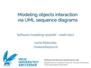Software and Services research group (S2)
Department of Computer Science, Faculty of Sciences
Vrije Universiteit Amsterdam
VRIJE
UNIVERSITEIT
AMSTERDAM
Modeling objects interaction
via UML sequence diagrams
Software modeling (401016) – 2016/2017
Ivano Malavolta
i.malavolta@vu.nl
 
