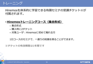 © 2018 NTT DATA INTELLILINK Corporation 14
トレーニング
Hinemosを体系的に学習できる有償セミナの受講チケット※が
付属されます。
• Hinemosトレーニングコース（集合形式）
– 集合形式
– 購入時に2チケット
– 対象ユーザ：Hinemosに初めて触れる方
1日コースのセミナで、一通りの知識を得ることができます。
※チケットの有効期限は1年間です
 