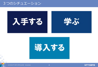 © 2018 NTT DATA INTELLILINK Corporation 4
３つのシチュエーション
入手する 学ぶ
導入する
 