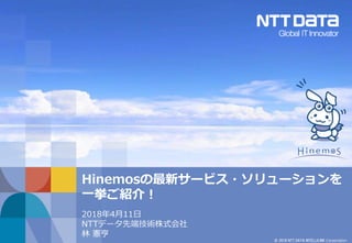 © 2018 NTT DATA INTELLILINK Corporation
Hinemosの最新サービス・ソリューションを
一挙ご紹介！
2018年4月11日
NTTデータ先端技術株式会社
林 憲亨
 