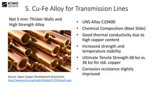 • UNS Alloy C19400
• Chemical Composition (Next Slide)
• Good thermal conductivity due to
high copper content
• Increased strength and
temperature stability
• Ultimate Tensile Strength 60 ksi vs.
36 ksi for std. copper
• Corrosion resistance slightly
improved
What is Copper-Iron?
5. Cu-Fe Alloy for Transmission Lines
Not 5 mm: Thicker Walls and
High Strength Alloy
Source: Japan Copper Development Association
http://www.jcda.or.jp/english/tabid/117/Default.aspx
 