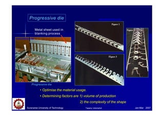 Progressive die
Metal sheet used in
blanking process
www.hillengr.com
Progressive die
• Optimise the material usage.
• Determining factors are 1) volume of production
2) the complexity of the shape
Suranaree University of Technology Jan-Mar 2007
Tapany Udomphol
www.bestechtool.com
 