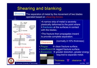 Shearing and blanking
The separation of metal by the movement of two blades
operated based on shearing forces.
•A narrow strip of metal is severely
plastically deformed to the point where
it fractures at the surfaces in contact
with the blades.
•The fracture then propagates inward
to provide complete separation.
(normally 2-10% thickness)
• Proper  clean fracture surface.
• Insufficient ragged fracture surface.
• Excessive  greater distortion, greater energy
required to separate metal.
Thickness clearance
(a) Proper clearance
Ragged
surface
(b) Insufficient clearance
blurr
(c) Excessive clearance
Clearance
Shearing
Suranaree University of Technology Jan-Mar 2007
Tapany Udomphol
 