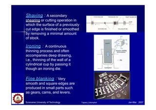 Shaving : A secondary
shearing or cutting operation in
which the surface of a previously
cut edge is finished or smoothed
by removing a minimal amount
of stock.
Ironing : A continuous
thinning process and often
accompanies deep drawing,
i.e., thinning of the wall of a
cylindrical cup by passing it
though an ironing die.
Fine blanking : Very
smooth and square edges are
produced in small parts such
as gears, cams, and levers.
Suranaree University of Technology Jan-Mar 2007
Tapany Udomphol
 