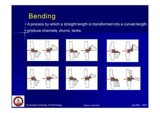 Bending
• A process by which a straight length is transformed into a curved length.
• produce channels, drums, tanks.
Suranaree University of Technology Jan-Mar 2007
Tapany Udomphol
 