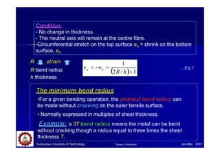 Condition:
- No change in thickness
- The neutral axis will remain at the centre fibre.
-Circumferential stretch on the top surface ea = shrink on the bottom
surface, eb
1
2R / h1
e  e 

b
a
The minimum bend radius
•For a given bending operation, the smallest bend radius can
be made without cracking on the outer tensile surface.
• Normally expressed in multiples of sheet thickness.
Example: a 3T bend radius means the metal can be bend
without cracking though a radius equal to three times the sheet
thickness T.
…Eq.1
Suranaree University of Technology Jan-Mar 2007
Tapany Udomphol
R strain
R bend radius
h thickness
 