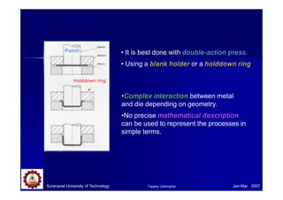 • It is best done with double-action press.
• Using a blank holder or a holddown ring
Suranaree University of Technology Jan-Mar 2007
Tapany Udomphol
Punch
Holddown ring
•Complex interaction between metal
and die depending on geometry.
•No precise mathematical description
can be used to represent the processes in
simple terms.
 