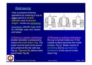 Redrawing
•Use successive drawing
operations by reducing a cup or
drawn part to a smaller
diameter and increased
height – known as redrawing.
Examples: slender cups such
as cartridge case and closed-
end tubes.
1) Direct or regular redrawing :
smaller diameter is produced by
means of a hold-down ring. The
metal must be bent at the punch
and unbent at the die radii see
Fig (a). Tapered die allows lower
punch load, Fig (b).
Suranaree University of Technology Jan-Mar 2007
Tapany Udomphol
2) Reverse or indirect redrawing :
the cup is turned inside out  the
outside surface becomes the inside
surface, Fig (c). Better control of
wrinkling and no geometrical
limitations to the use of a hold-
down ring.
 