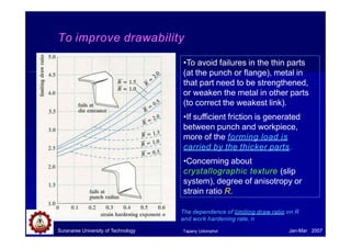 To improve drawability
Suranaree University of Technology Jan-Mar 2007
Tapany Udomphol
•To avoid failures in the thin parts
(at the punch or flange), metal in
that part need to be strengthened,
or weaken the metal in other parts
(to correct the weakest link).
•If sufficient friction is generated
between punch and workpiece,
more of the forming load is
carried by the thicker parts.
•Concerning about
crystallographic texture (slip
system), degree of anisotropy or
strain ratio R.
The dependence of limiting draw ratio on R
and work hardening rate, n
 