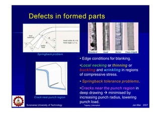 Defects in formed parts
• Edge conditions for blanking.
•Local necking or thinning or
buckling and wrinkling in regions
of compressive stress.
• Springback tolerance problems.
•Cracks near the punch region in
deep drawing  minimised by
increasing punch radius, lowering
punch load.
Crack near punch region
Springback problem
www.bgprecision.com
Suranaree University of Technology Jan-Mar 2007
Tapany Udomphol
 