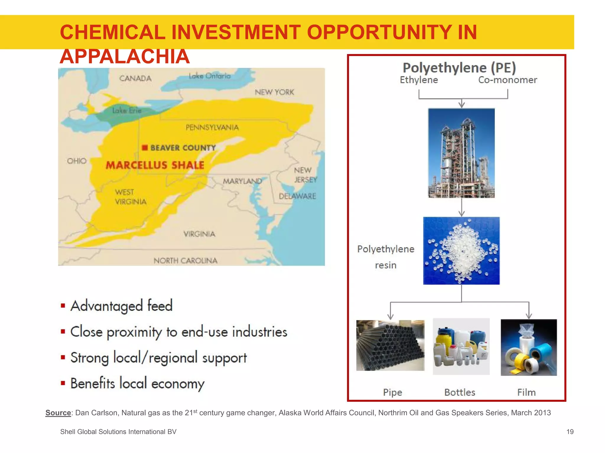 Shell Global Solutions International BV
CHEMICAL INVESTMENT OPPORTUNITY IN
APPALACHIA
Source: Dan Carlson, Natural gas as the 21st century game changer, Alaska World Affairs Council, Northrim Oil and Gas Speakers Series, March 2013
19
 