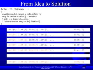 Liang, Introduction to Java Programming, Ninth Edition, (c) 2013 Pearson Education, Inc. All
rights reserved.
100
From Idea to Solution
for (int i = 0; i < list.length; i++)
{
select the smallest element in list[i..listSize-1];
swap the smallest with list[i], if necessary;
// list[i] is in its correct position.
// The next iteration apply on list[i..listSize-1]
}
list[0] list[1] list[2] list[3] ... list[10]
list[0] list[1] list[2] list[3] ... list[10]
list[0] list[1] list[2] list[3] ... list[10]
list[0] list[1] list[2] list[3] ... list[10]
list[0] list[1] list[2] list[3] ... list[10]
...
list[0] list[1] list[2] list[3] ... list[10]
 