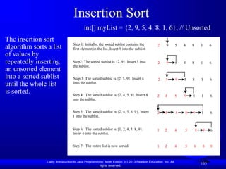 Liang, Introduction to Java Programming, Ninth Edition, (c) 2013 Pearson Education, Inc. All
rights reserved.
105
Insertion Sort
int[] myList = {2, 9, 5, 4, 8, 1, 6}; // Unsorted
The insertion sort
algorithm sorts a list
of values by
repeatedly inserting
an unsorted element
into a sorted sublist
until the whole list
is sorted.
2 9 5 4 8 1 6
Step 1: Initially, the sorted sublist contains the
first element in the list. Insert 9 into the sublist.
2 9 5 4 8 1 6
Step2: The sorted sublist is {2, 9}. Insert 5 into
the sublist.
2 5 9 4 8 1 6
Step 3: The sorted sublist is {2, 5, 9}. Insert 4
into the sublist.
2 4 5 9 8 1 6
Step 4: The sorted sublist is {2, 4, 5, 9}. Insert 8
into the sublist.
2 4 5 8 9 1 6
Step 5: The sorted sublist is {2, 4, 5, 8, 9}. Insert
1 into the sublist.
1 2 4 5 8 9 6
Step 6: The sorted sublist is {1, 2, 4, 5, 8, 9}.
Insert 6 into the sublist.
1 2 4 5 6 8 9
Step 7: The entire list is now sorted.
 