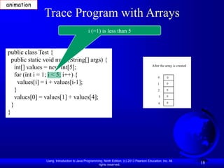 Liang, Introduction to Java Programming, Ninth Edition, (c) 2013 Pearson Education, Inc. All
rights reserved.
18
Trace Program with Arrays
public class Test {
public static void main(String[] args) {
int[] values = new int[5];
for (int i = 1; i < 5; i++) {
values[i] = i + values[i-1];
}
values[0] = values[1] + values[4];
}
}
i (=1) is less than 5
After the array is created
0
1
2
3
4
0
0
0
0
0
animation
 