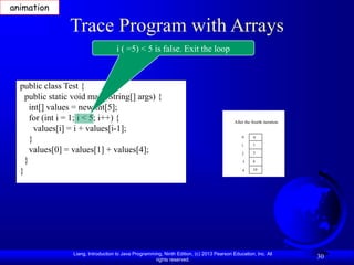 Liang, Introduction to Java Programming, Ninth Edition, (c) 2013 Pearson Education, Inc. All
rights reserved.
30
Trace Program with Arrays
public class Test {
public static void main(String[] args) {
int[] values = new int[5];
for (int i = 1; i < 5; i++) {
values[i] = i + values[i-1];
}
values[0] = values[1] + values[4];
}
}
i ( =5) < 5 is false. Exit the loop
animation
After the fourth iteration
0
1
2
3
4
0
1
3
6
10
 
