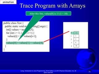 Liang, Introduction to Java Programming, Ninth Edition, (c) 2013 Pearson Education, Inc. All
rights reserved.
31
Trace Program with Arrays
public class Test {
public static void main(String[] args) {
int[] values = new int[5];
for (int i = 1; i < 5; i++) {
values[i] = i + values[i-1];
}
values[0] = values[1] + values[4];
}
}
After this line, values[0] is 11 (1 + 10)
0
1
2
3
4
11
1
3
6
10
animation
 