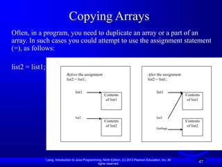 Liang, Introduction to Java Programming, Ninth Edition, (c) 2013 Pearson Education, Inc. All
rights reserved.
47
Copying Arrays
Often, in a program, you need to duplicate an array or a part of an
array. In such cases you could attempt to use the assignment statement
(=), as follows:
list2 = list1;
Contents
of list1
list1
Contents
of list2
list2
Before the assignment
list2 = list1;
Contents
of list1
list1
Contents
of list2
list2
After the assignment
list2 = list1;
Garbage
 