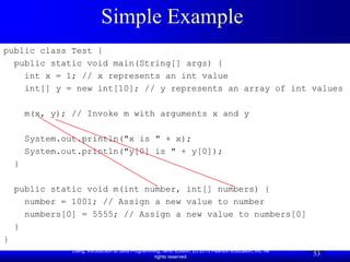 Liang, Introduction to Java Programming, Ninth Edition, (c) 2013 Pearson Education, Inc. All
rights reserved.
53
public class Test {
public static void main(String[] args) {
int x = 1; // x represents an int value
int[] y = new int[10]; // y represents an array of int values
m(x, y); // Invoke m with arguments x and y
System.out.println("x is " + x);
System.out.println("y[0] is " + y[0]);
}
public static void m(int number, int[] numbers) {
number = 1001; // Assign a new value to number
numbers[0] = 5555; // Assign a new value to numbers[0]
}
}
Simple Example
 
