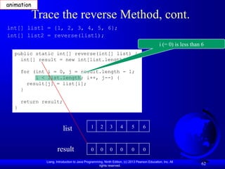 Liang, Introduction to Java Programming, Ninth Edition, (c) 2013 Pearson Education, Inc. All
rights reserved.
62
Trace the reverse Method, cont.
public static int[] reverse(int[] list) {
int[] result = new int[list.length];
for (int i = 0, j = result.length - 1;
i < list.length; i++, j--) {
result[j] = list[i];
}
return result;
}
int[] list1 = {1, 2, 3, 4, 5, 6};
int[] list2 = reverse(list1);
list
result
1 2 3 4 5 6
0 0 0 0 0 0
i (= 0) is less than 6
animation
 