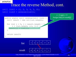 Liang, Introduction to Java Programming, Ninth Edition, (c) 2013 Pearson Education, Inc. All
rights reserved.
69
Trace the reverse Method, cont.
public static int[] reverse(int[] list) {
int[] result = new int[list.length];
for (int i = 0, j = result.length - 1;
i < list.length; i++, j--) {
result[j] = list[i];
}
return result;
}
int[] list1 = {1, 2, 3, 4, 5, 6};
int[] list2 = reverse(list1);
list
result
1 2 3 4 5 6
0 0 0 3 2 1
i = 2 and j = 3
Assign list[i] to result[j]
animation
 